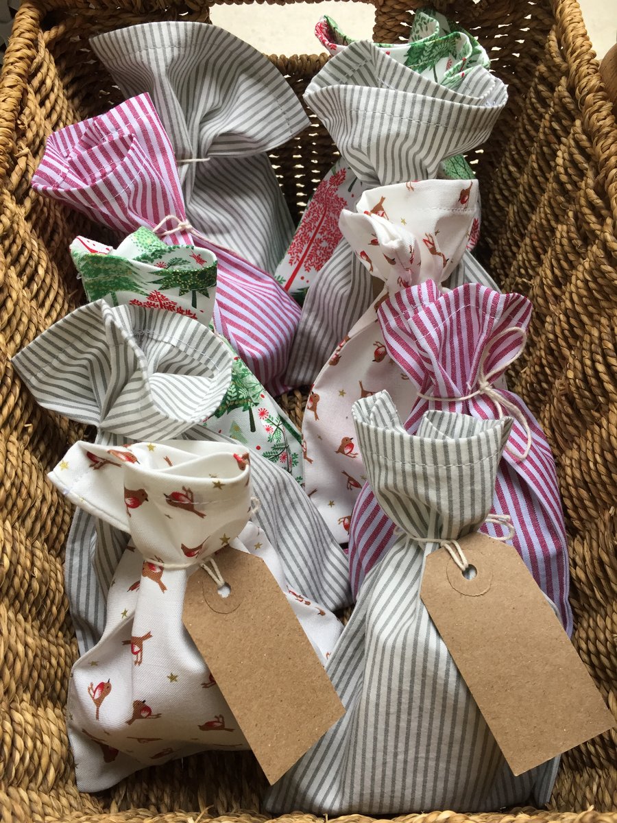 Fabric advent gift bags with tags.