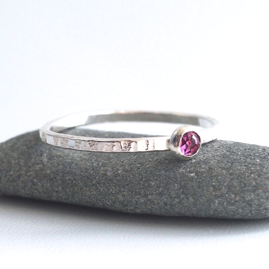  Sterling Silver Skinny Textured Ring With Pink Garnet