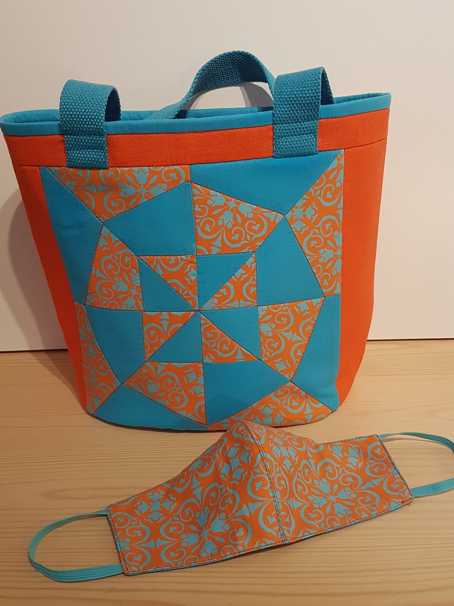 Tote Bag With Matching Face Mask, Bright Orange and Sky Blue