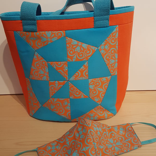 Tote Bag With Matching Face Mask, Bright Orange and Sky Blue