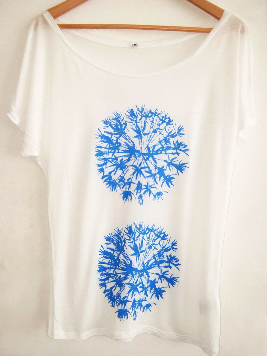 Allium blue flowers womens white Tencel hand  printed batwing  Tee  