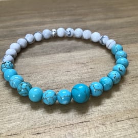 Turquoise and Howlite Unisex beaded Gemstone silver bracelet