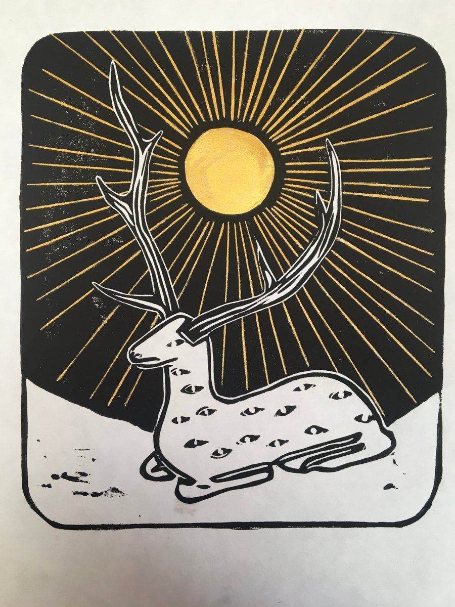 Hunters Moon, linocut print with gold hand coloured details.