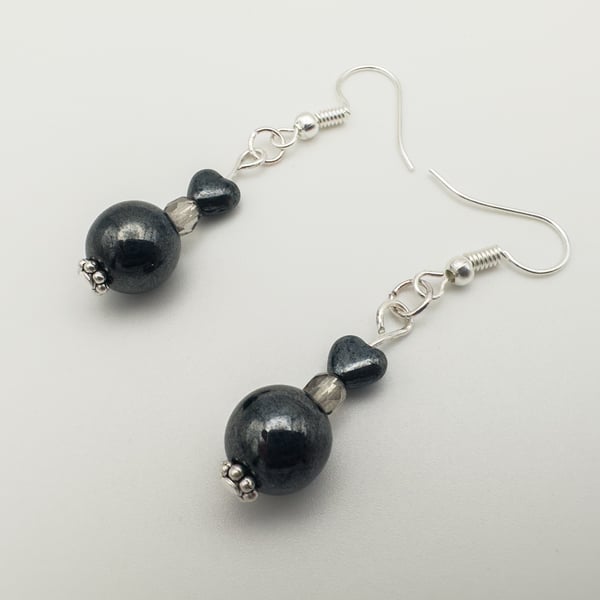 Handmade Earrings, dark grey glass beads, with tiny hearts