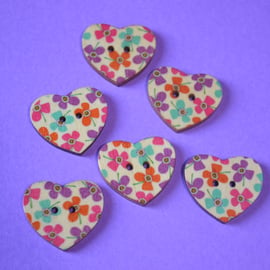 Wooden Heart Buttons Floral Purple Pink Turquoise Orange 6pk 25x22mm (H25)