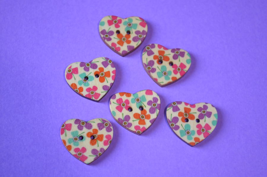 Wooden Heart Buttons Floral Purple Pink Turquoise Orange 6pk 25x22mm (H25)
