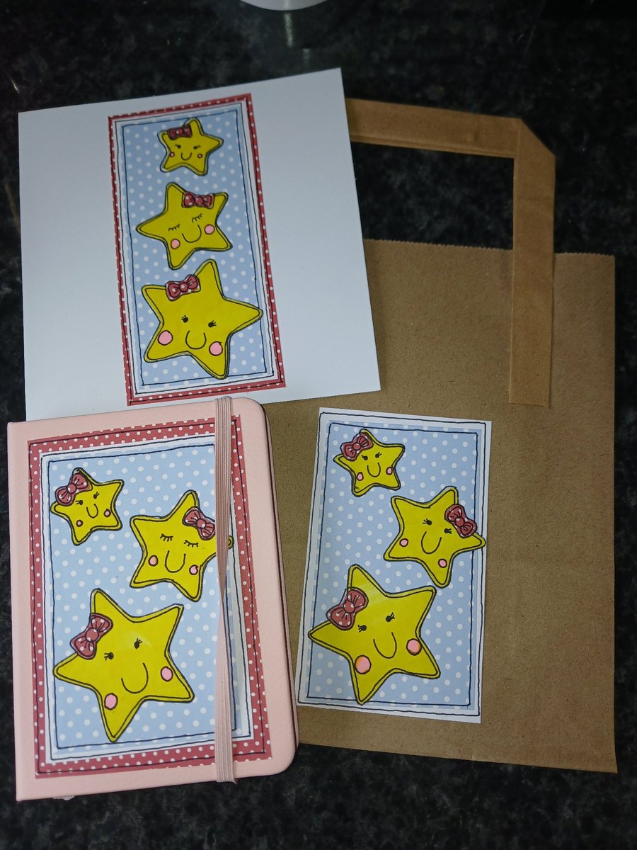 Quirky art cute stars goody bag , teacher's gift,  notebook,  card and gift bag