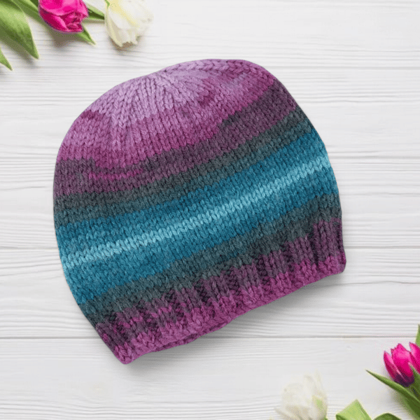 Purple and Blue Baby Hat Hand Knitted with Self-Striping Yarn, Beanie for Infant