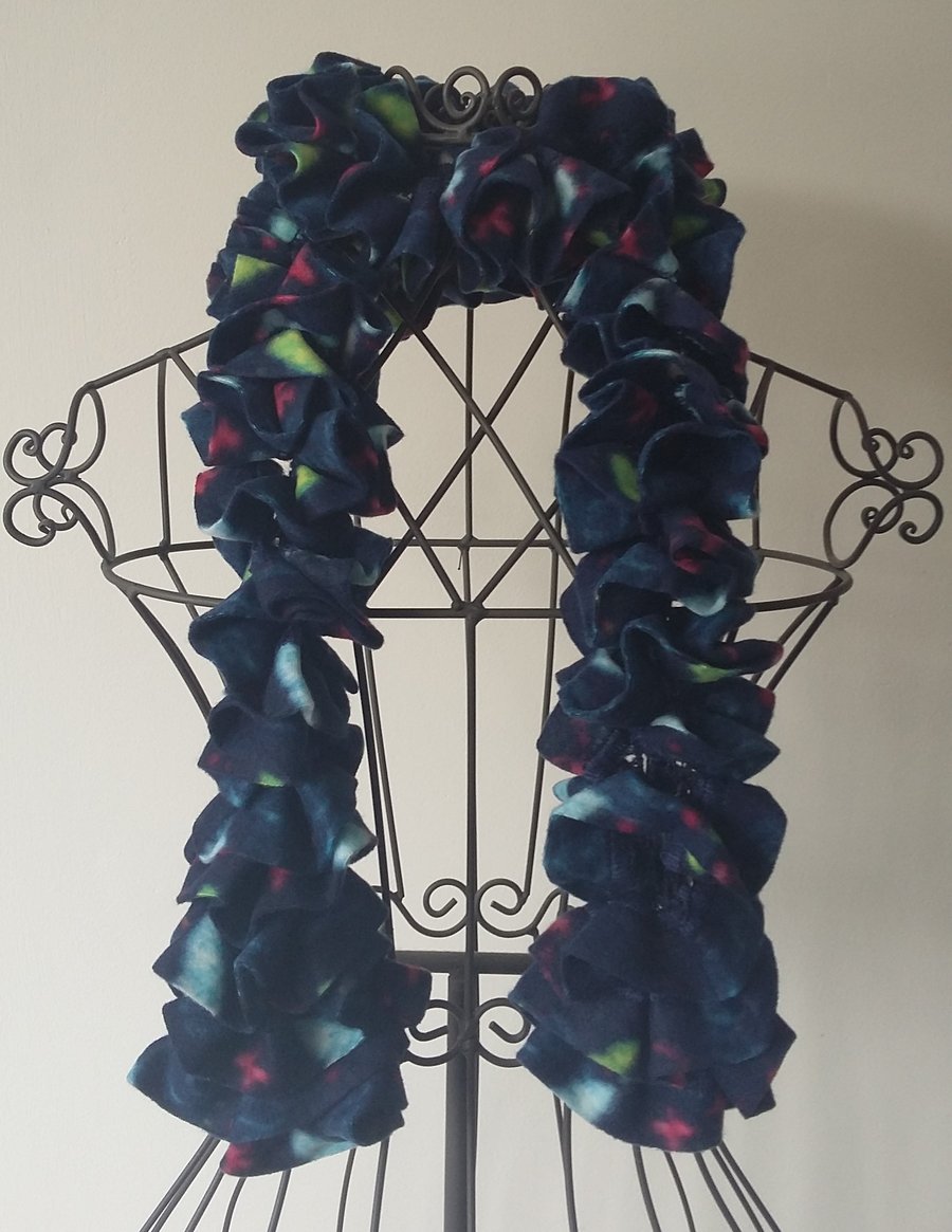Hand Knitted Fleece Ruffle Scarf - Navy mixed colours
