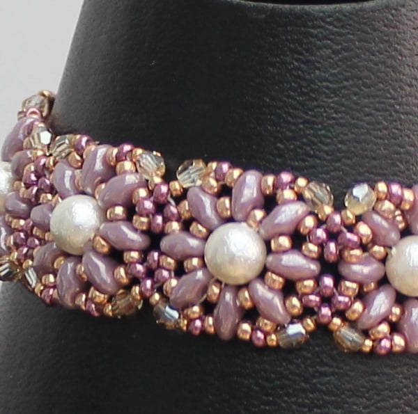 Filigree Pearl Bracelet with crystals and mauve seed beads