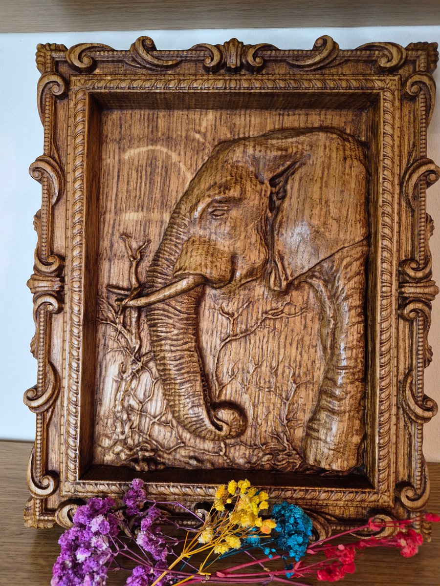 Hand Carved Oak Wood Elephant Wall Art in Ornate Frame