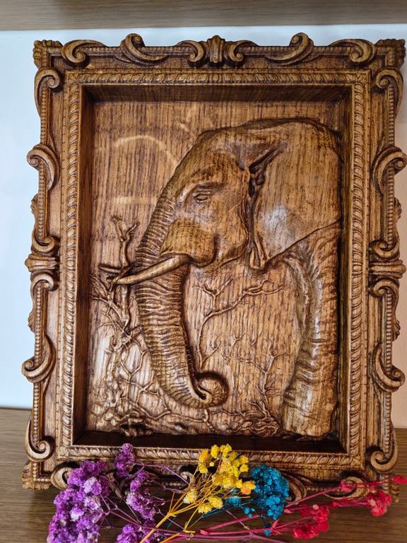 Hand Carved Oak Wood Elephant Wall Art in Ornate Frame