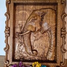 Hand Carved Oak Wood Elephant Wall Art in Ornate Frame