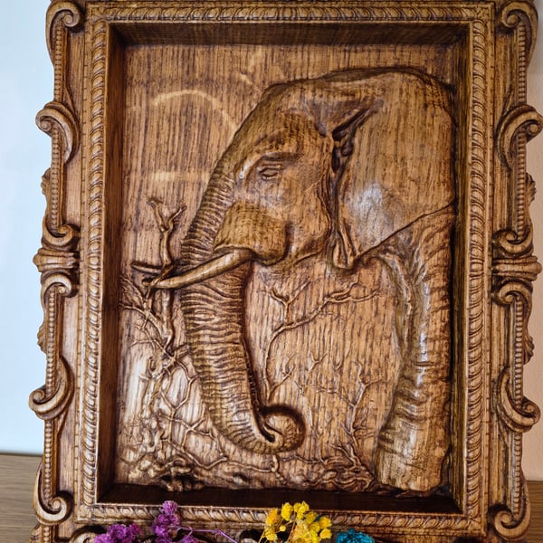 Hand Carved Oak Wood Elephant Wall Art in Ornate Frame