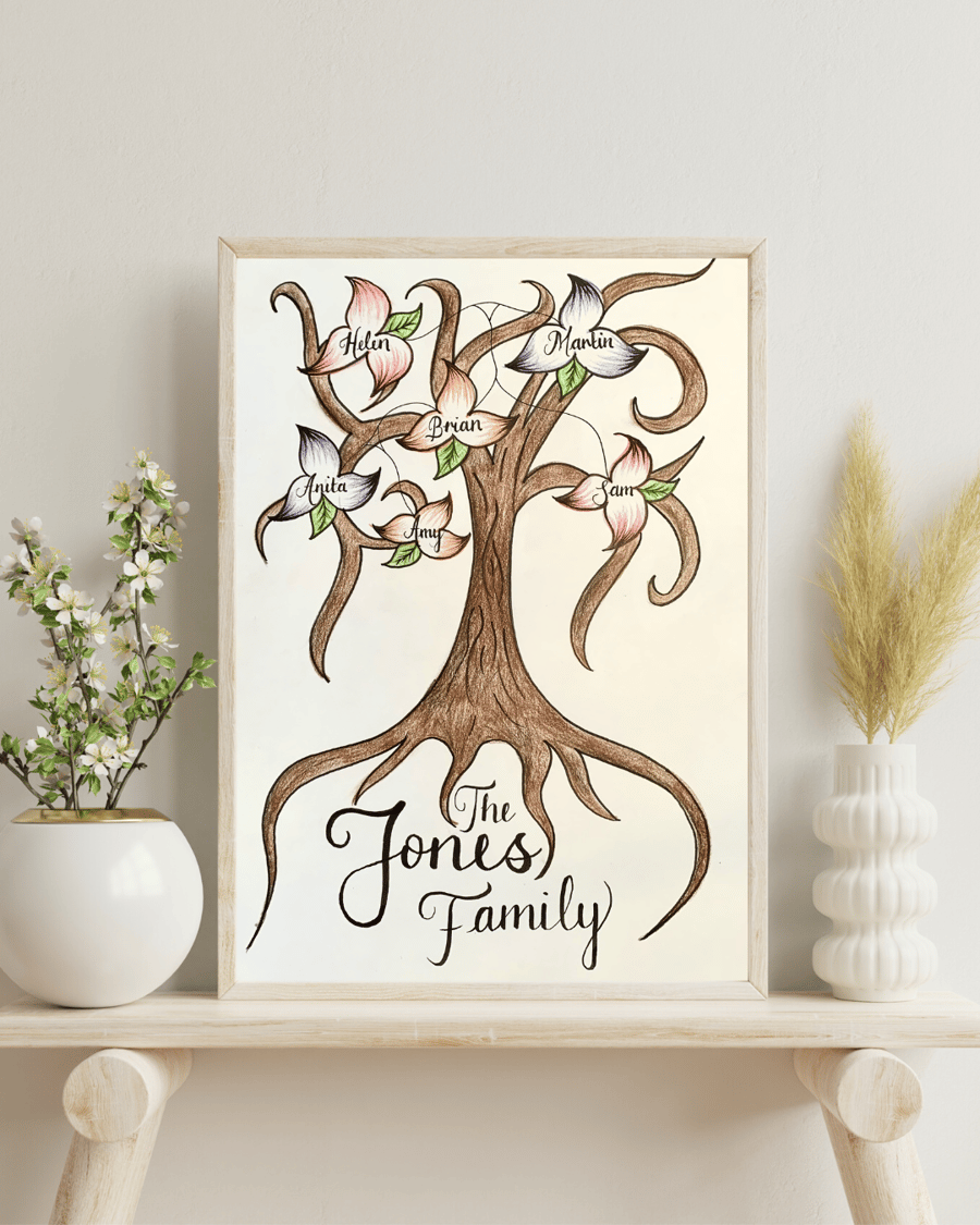 'Family Tree' Hand-Illustrated Custom Design, Personalised Family Tree Art Gift