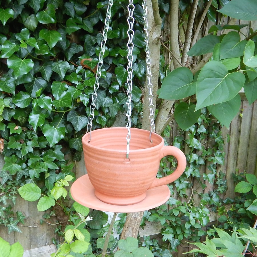 Bird feeder tea cup hand thrown terracotta pottery hanging planter