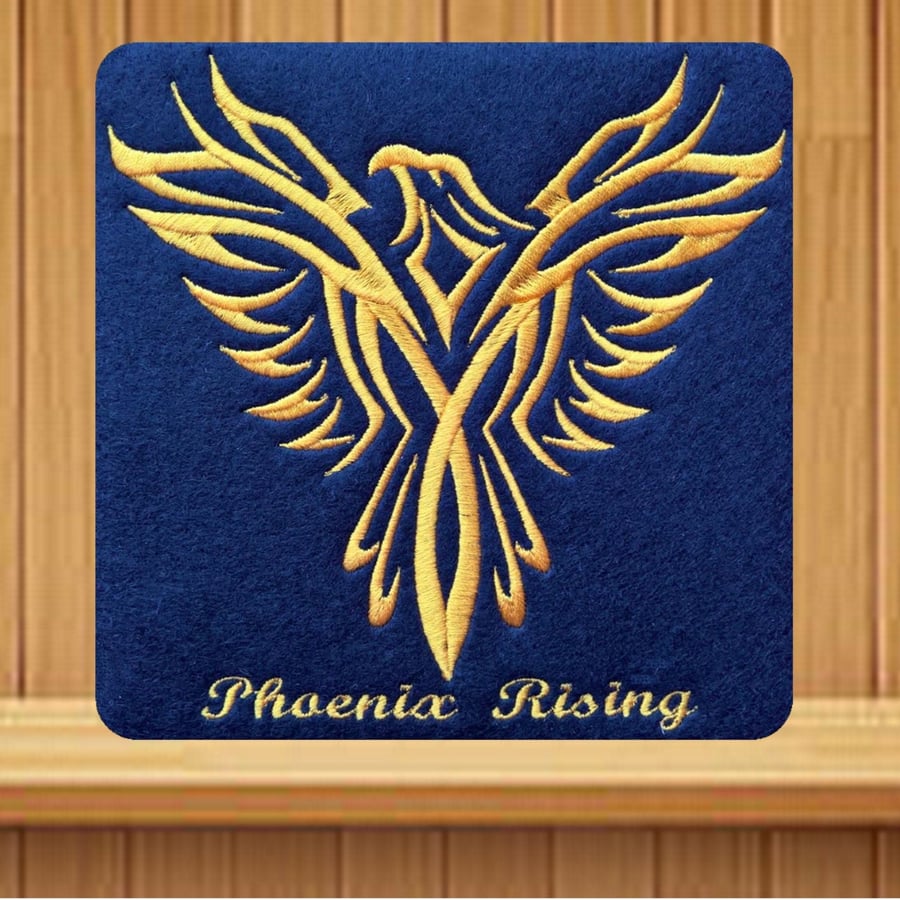 Phoenix Rising Card. Handmade embroidered design
