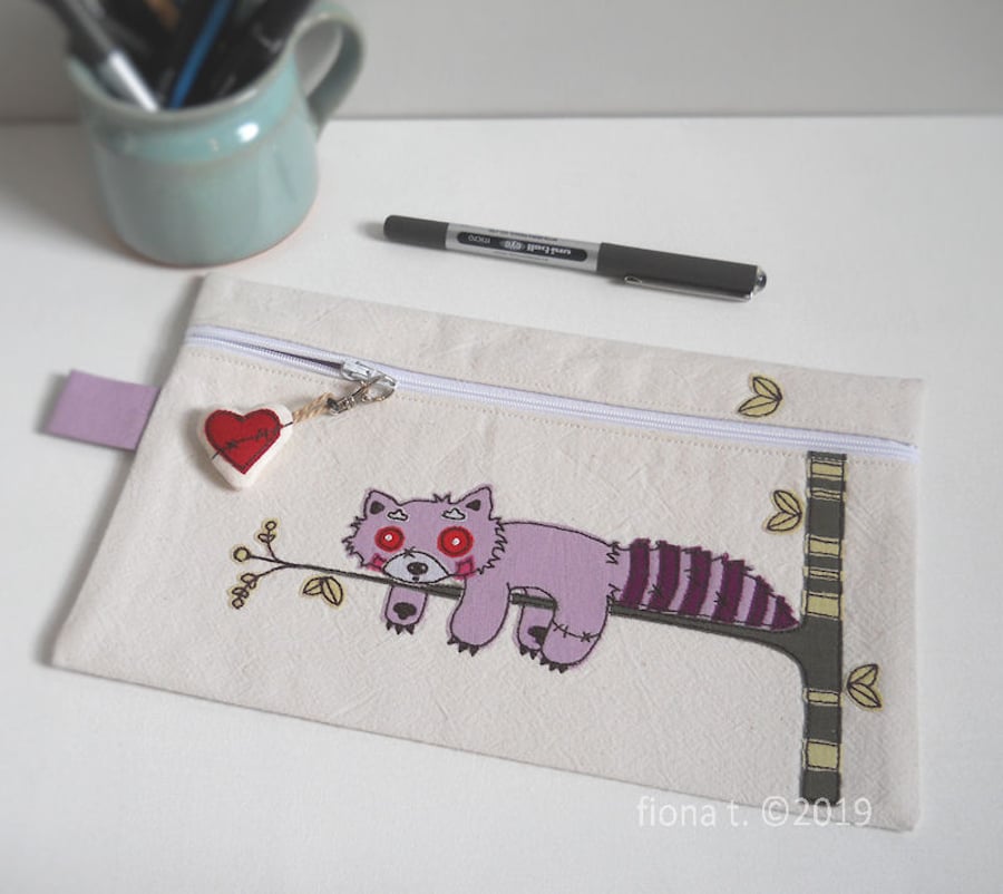 freehand embroidered red panda large pencil case lilac
