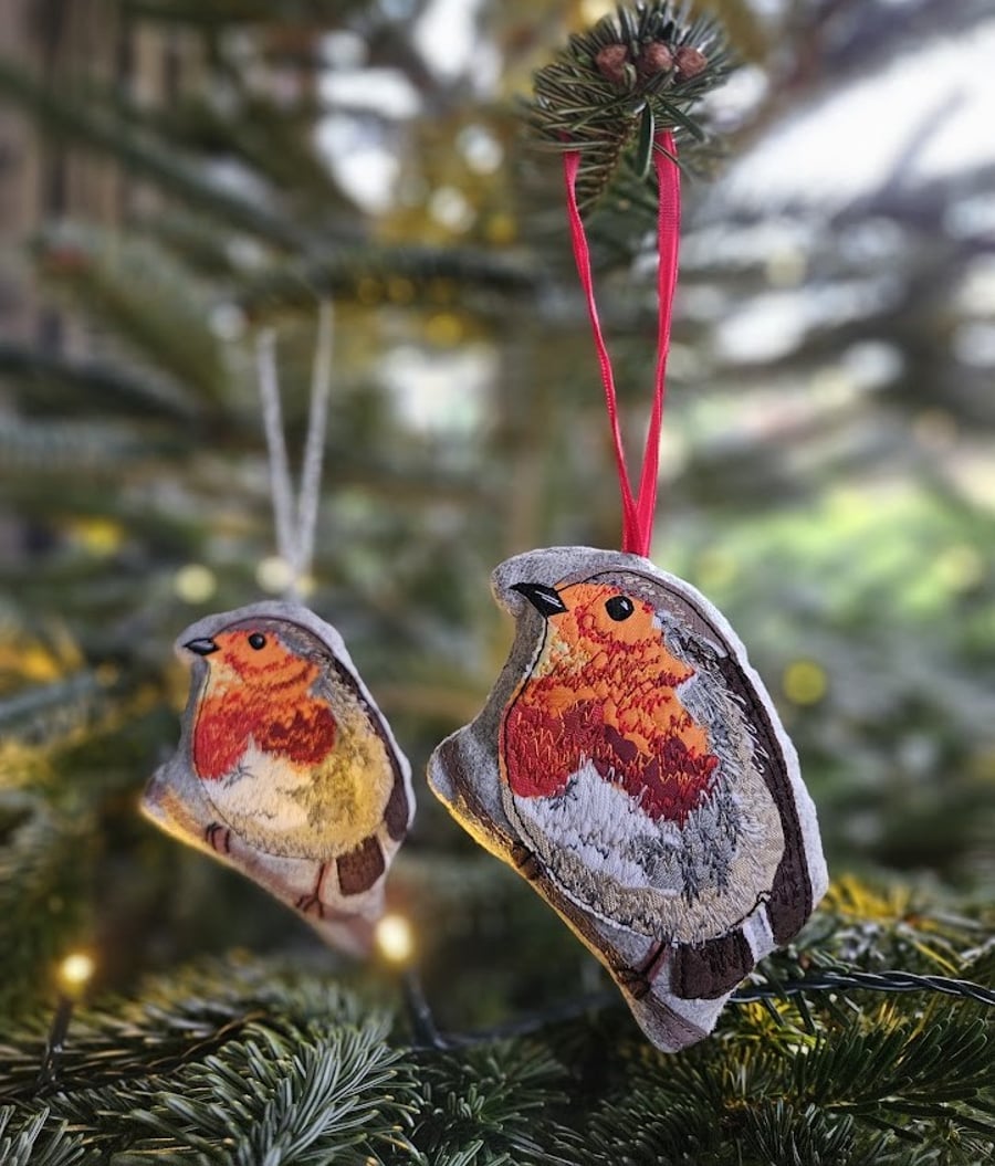 Handmade Robin embroidered hanging decoration, Christmas padded decoration
