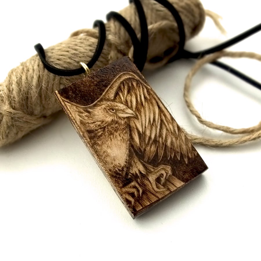 Golden Eagle in flight, pyrography chunky sycamore wood pendant. 