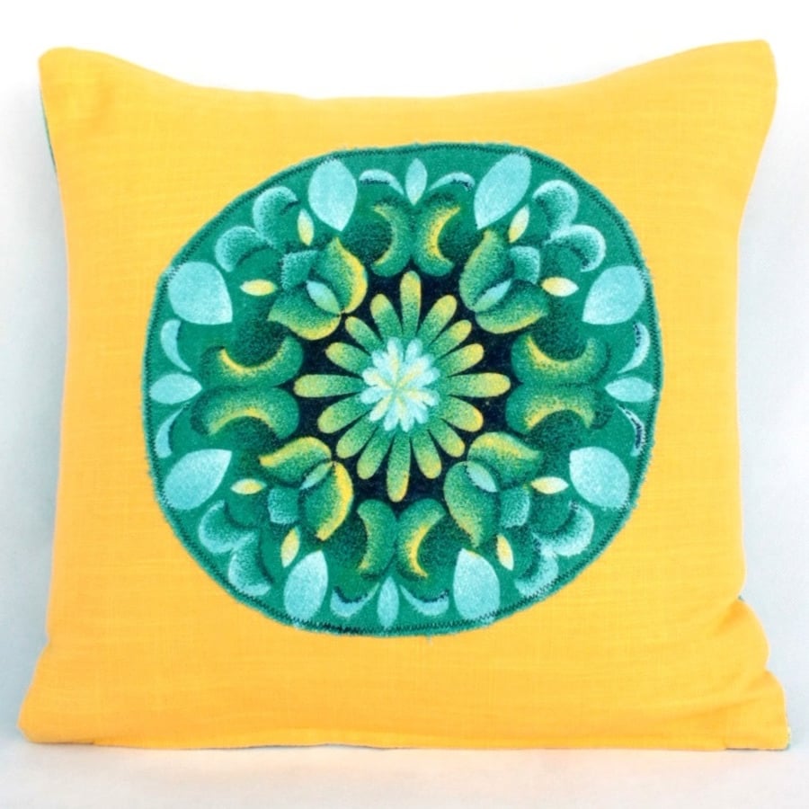 Vintage Yellow & Blue Cushion with Floral Applique Motif