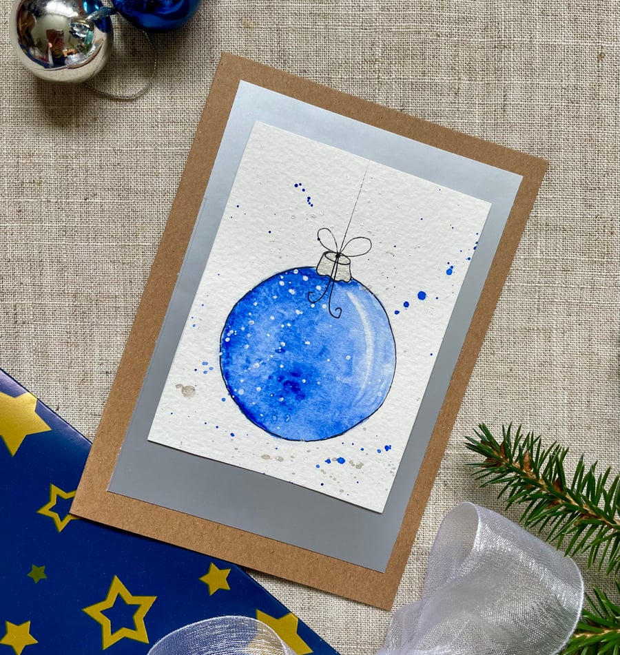 Christmas card hand painted original of a single christmas bauble in blue