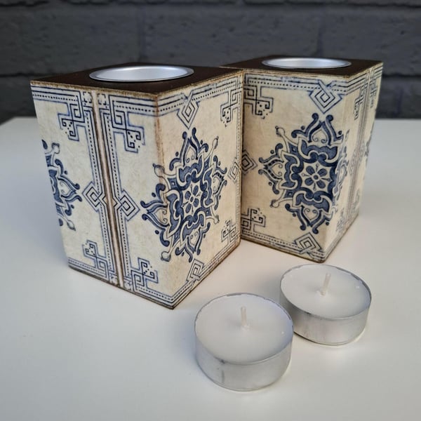 Handmade Decoupaged Tea Light Holders Blue Tile Pattern, Set of Two