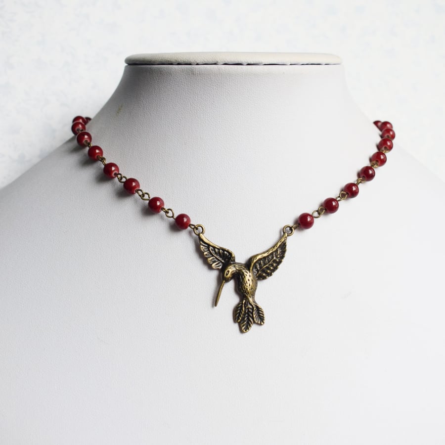Bronze Hummingbird Necklace with Red Glass Beads