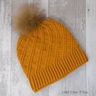 Gold, mustard ladies swirl pom pom hat. Crochet hat. Ladies hat.