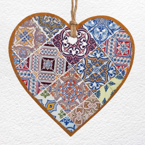 Decoupaged Wooden Hanging Heart 15cm (6"): Tile Effect design