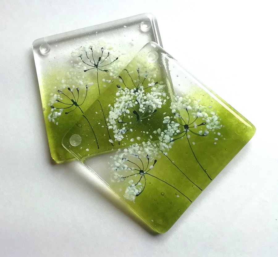 Cowparsley coasters, fused glass set of two coasters, gift for the home, wildflo