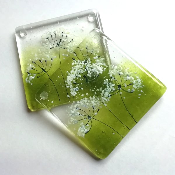 Cowparsley coasters, fused glass set of two coasters, gift for the home, wildflo