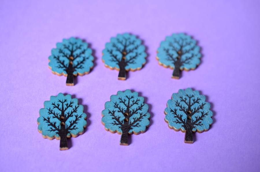 Wooden Tree Buttons Blue 6pk 32x24mm Woodland (T4)