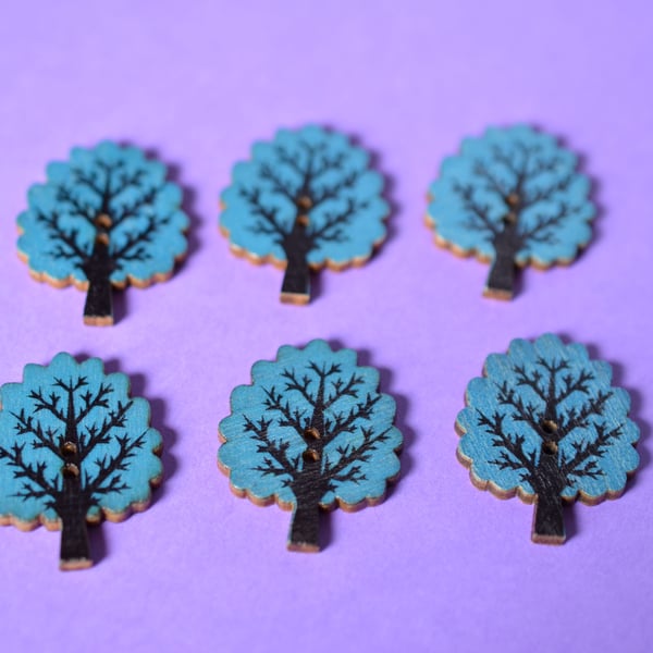 Wooden Tree Buttons Blue 6pk 32x24mm Woodland (T4)