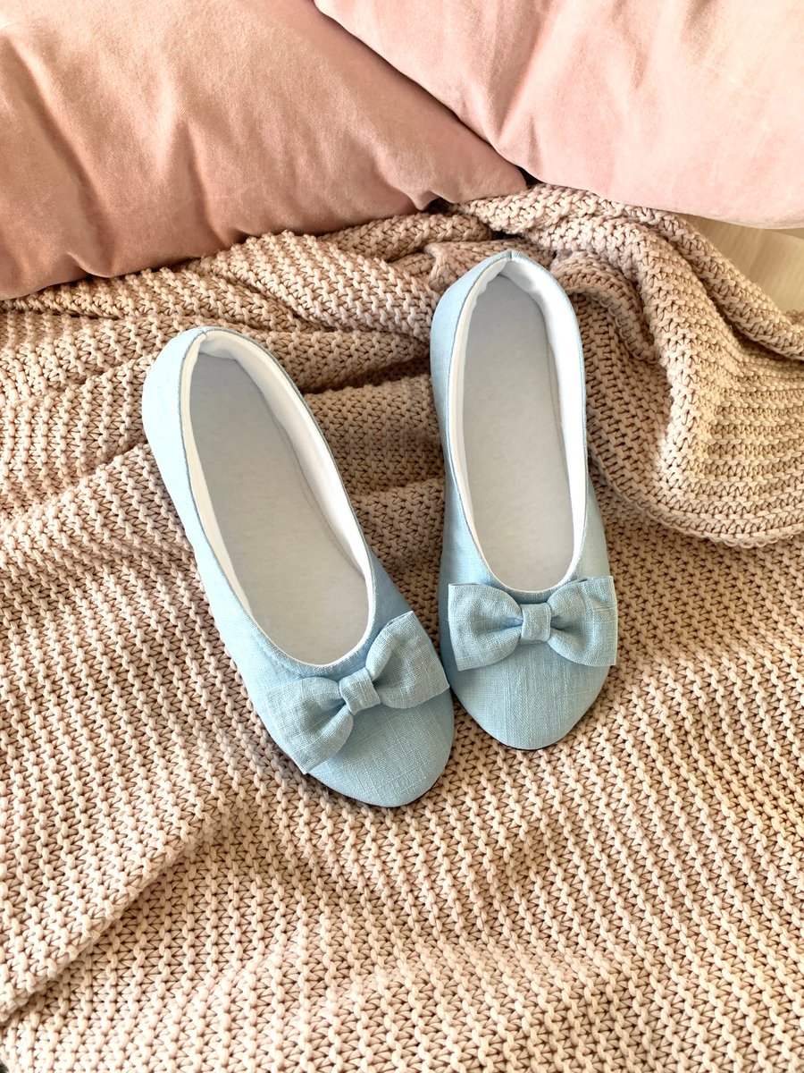 Ladies slippers, womens slippers, blue linen slippers, gifts for ladies. womens.