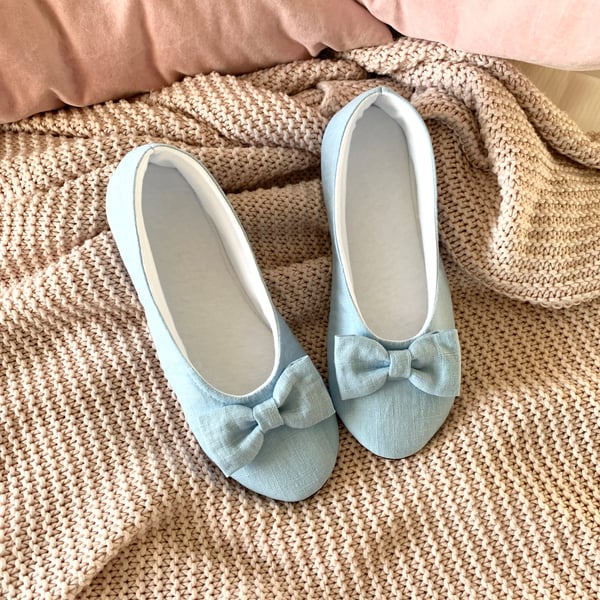 Ladies slippers, womens slippers, blue linen slippers, gifts for ladies. womens.