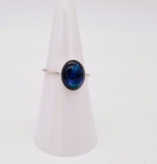 Sterling Silver Ring- Blue Polished Stone- UK Size K- US Size 5 And A Half