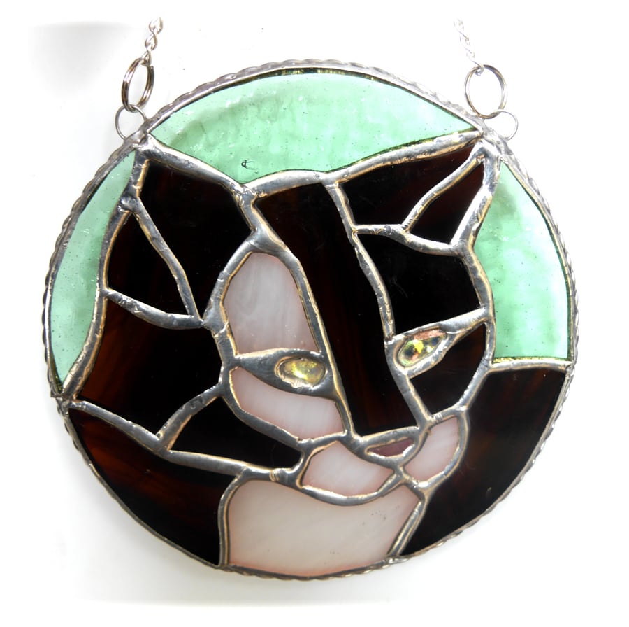 Cat Suncatcher Stained Glass Ring Brown White 020
