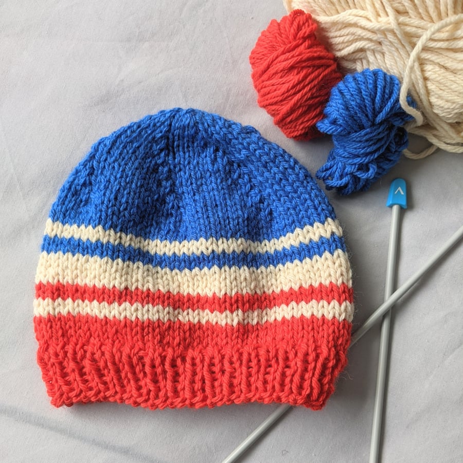Red, white and blue striped knitted hat for toddler