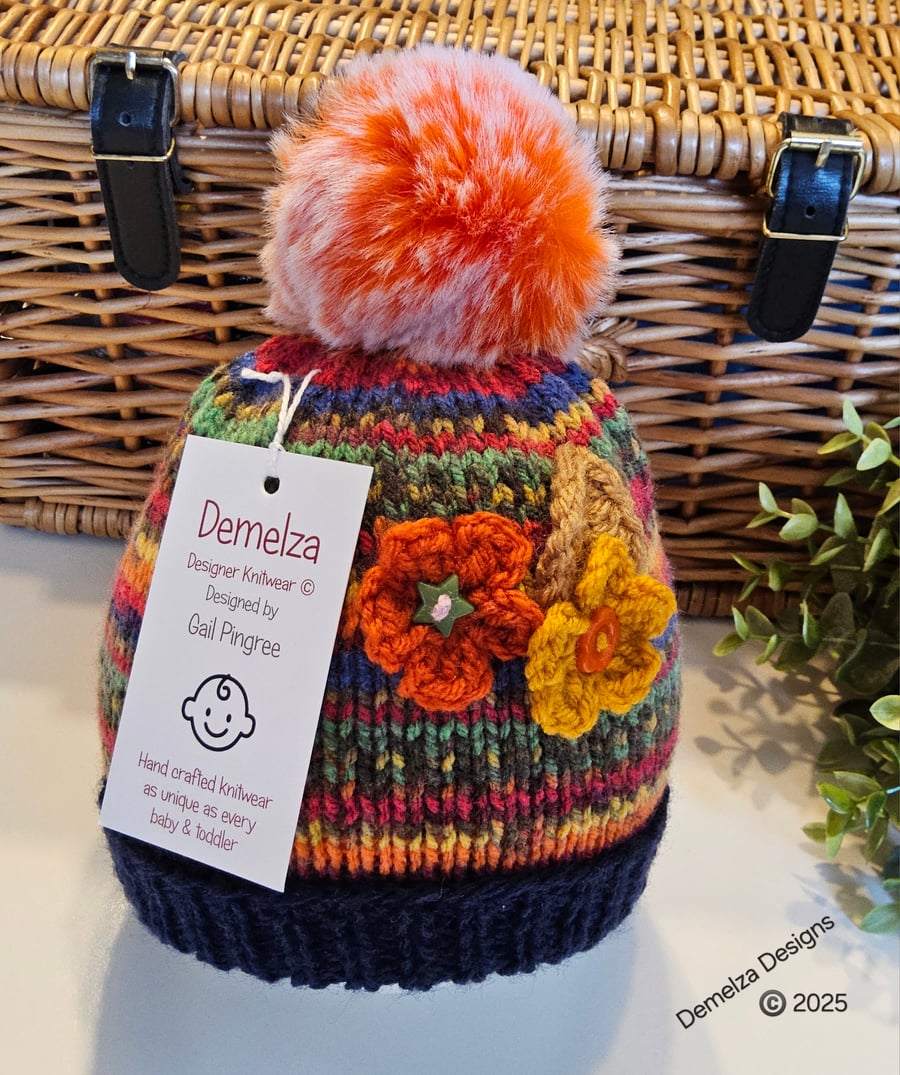 Designer Girl's Hand Knitted Flower Pompom Beanie Hat 6-12 month size 