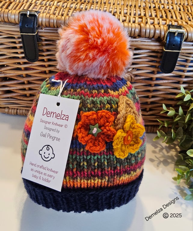 Designer Girl's Hand Knitted Flower Pompom Beanie Hat 6-12 month size 