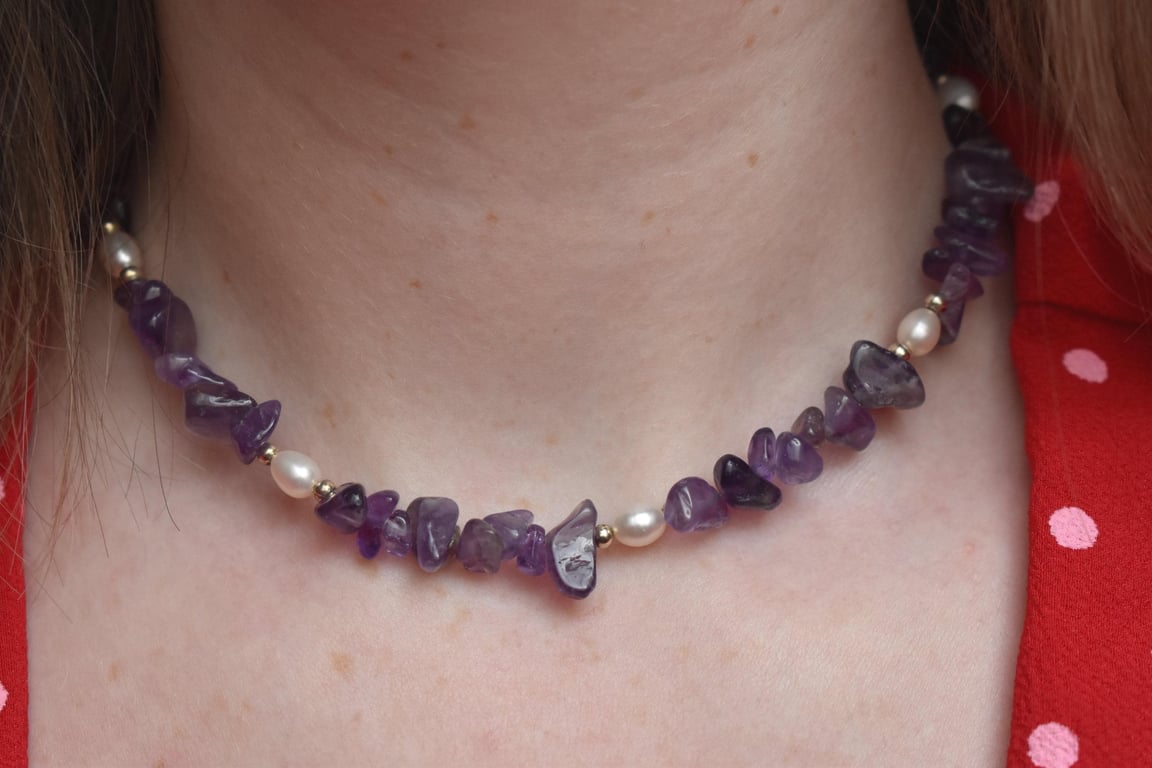 Amethyst Chip & White Freshwater Pearl Necklace - Handmade Gemstone Jewellery