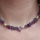 Amethyst Chip & White Freshwater Pearl Necklace - Handmade Gemstone Jewellery