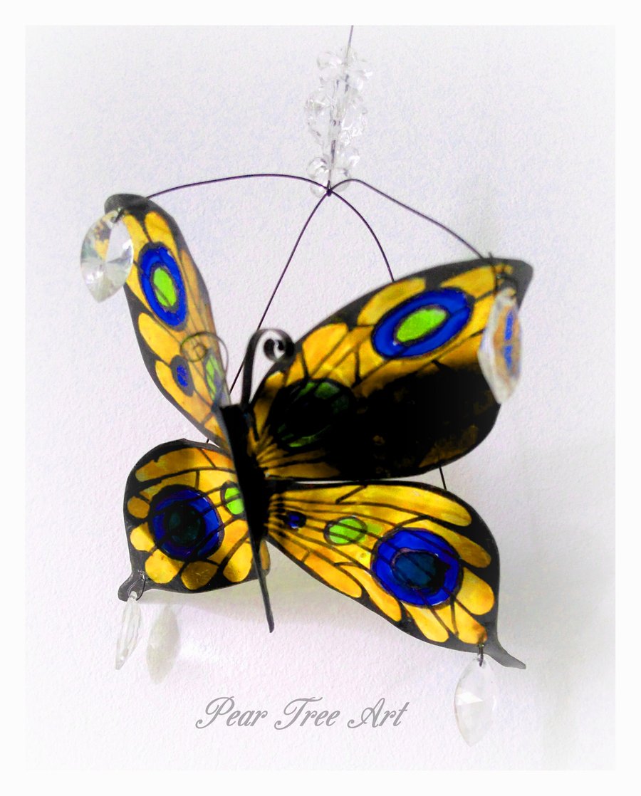 Handmade Yellow Metal Butterfly hanging decoration. Made from a Coffee Tin.