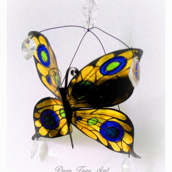 Handmade Yellow Metal Butterfly hanging decoration. Made from a Coffee Tin.