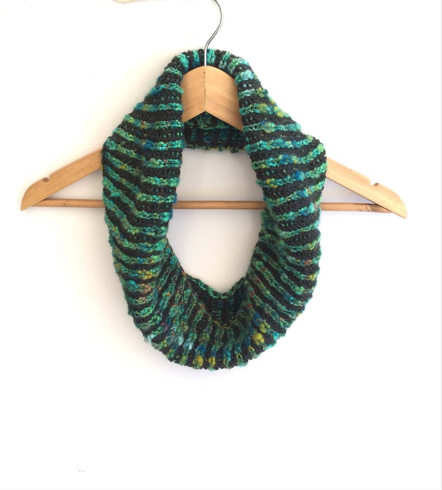 Hand knitted reversible striped cowl