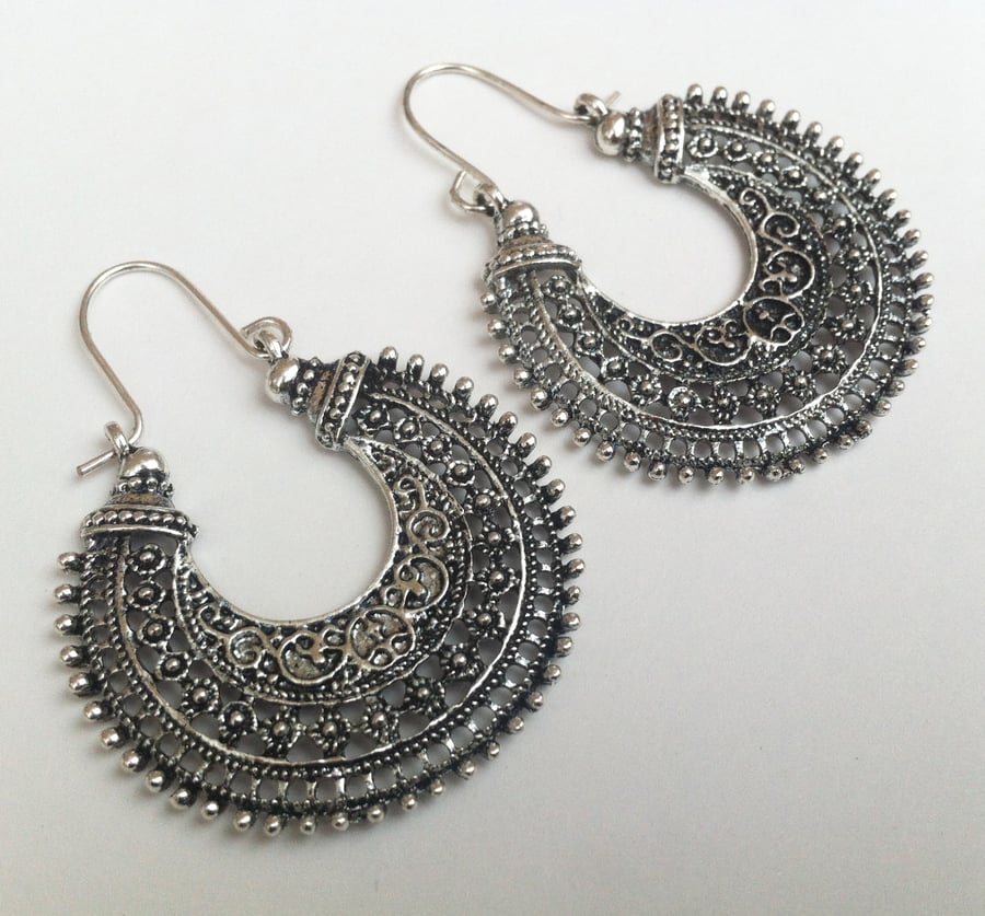 Tribal Hoops Silver Plate Half Hoop Bali Earrings