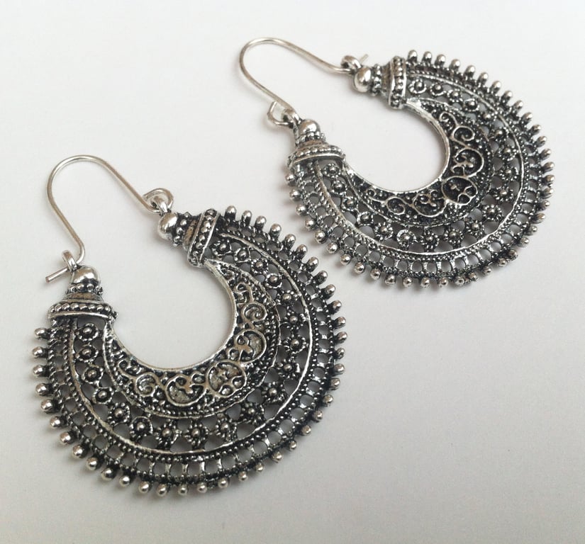 Tribal Hoops Silver Plate Half Hoop Bali Earrings