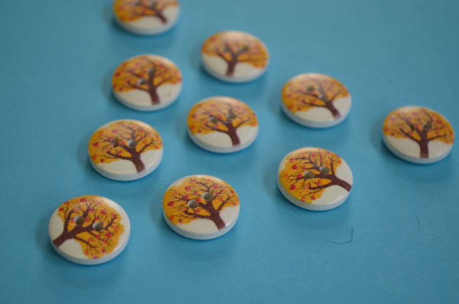 15mm Wooden Autumn Tree Buttons Orange Brown Red White 10pk Leaves (ST15)