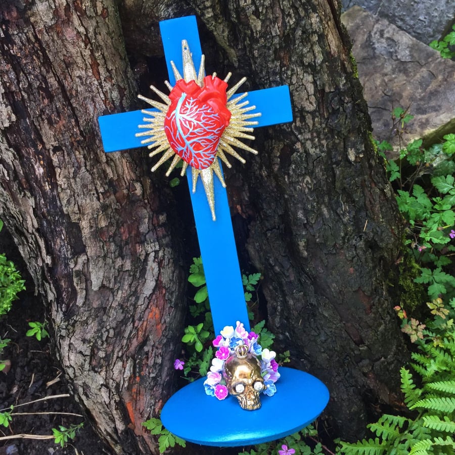Handmade Blue Kitsch Folk Art Sacred Heart Crucifix With Skull